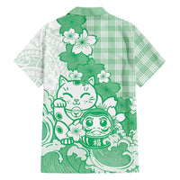 Green Palaka Hawaiian And Japanese Family Matching Off Shoulder Maxi Dress and Hawaiian Shirt Maneki Neko And Sakura Bloom DT05 - Polynesian Pride