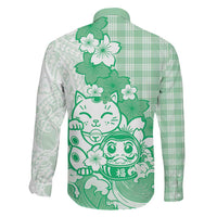 Green Palaka Hawaiian And Japanese Family Matching Off Shoulder Short Dress and Hawaiian Shirt Maneki Neko And Sakura Bloom DT05 - Polynesian Pride