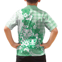 Green Palaka Hawaiian And Japanese Kid Hawaiian Shirt Maneki Neko And Sakura Bloom