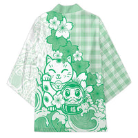 Green Palaka Hawaiian And Japanese Kimono Maneki Neko And Sakura Bloom