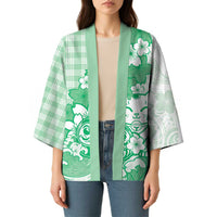 Green Palaka Hawaiian And Japanese Kimono Maneki Neko And Sakura Bloom
