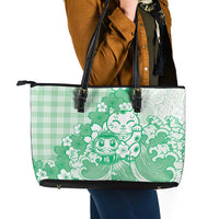 Green Palaka Hawaiian And Japanese Leather Tote Bag Maneki Neko And Sakura Bloom DT05 - Polynesian Pride