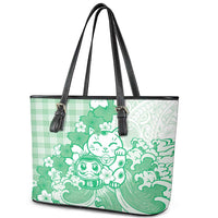 Green Palaka Hawaiian And Japanese Leather Tote Bag Maneki Neko And Sakura Bloom DT05 - Polynesian Pride
