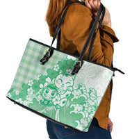 Green Palaka Hawaiian And Japanese Leather Tote Bag Maneki Neko And Sakura Bloom DT05 - Polynesian Pride