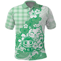 Green Palaka Hawaiian And Japanese Polo Shirt Maneki Neko And Sakura Bloom