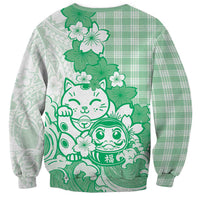 Green Palaka Hawaiian And Japanese Sweatshirt Maneki Neko And Sakura Bloom
