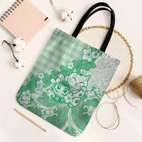 Green Palaka Hawaiian And Japanese Tote Bag Maneki Neko And Sakura Bloom
