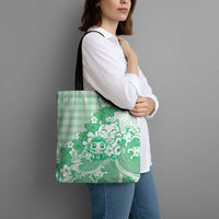 Green Palaka Hawaiian And Japanese Tote Bag Maneki Neko And Sakura Bloom