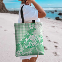 Green Palaka Hawaiian And Japanese Tote Bag Maneki Neko And Sakura Bloom