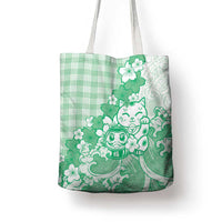 Green Palaka Hawaiian And Japanese Tote Bag Maneki Neko And Sakura Bloom