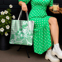 Green Palaka Hawaiian And Japanese Tote Bag Maneki Neko And Sakura Bloom