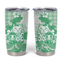 Green Palaka Hawaiian And Japanese Tumbler Cup Maneki Neko And Sakura Bloom