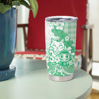 Green Palaka Hawaiian And Japanese Tumbler Cup Maneki Neko And Sakura Bloom