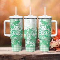 Green Palaka Hawaiian And Japanese Tumbler With Handle Maneki Neko And Sakura Bloom