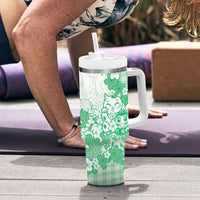 Green Palaka Hawaiian And Japanese Tumbler With Handle Maneki Neko And Sakura Bloom