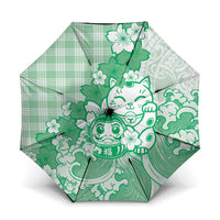 Green Palaka Hawaiian And Japanese Umbrella Maneki Neko And Sakura Bloom