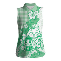 Green Palaka Hawaiian And Japanese Women Sleeveless Polo Shirt Maneki Neko And Sakura Bloom