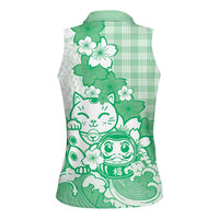 Green Palaka Hawaiian And Japanese Women Sleeveless Polo Shirt Maneki Neko And Sakura Bloom