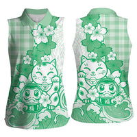 Green Palaka Hawaiian And Japanese Women Sleeveless Polo Shirt Maneki Neko And Sakura Bloom