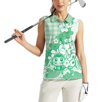 Green Palaka Hawaiian And Japanese Women Sleeveless Polo Shirt Maneki Neko And Sakura Bloom
