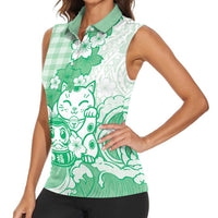 Green Palaka Hawaiian And Japanese Women Sleeveless Polo Shirt Maneki Neko And Sakura Bloom