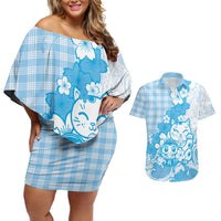 Blue Palaka Hawaiian And Japanese Couples Matching Off Shoulder Short Dress and Hawaiian Shirt Maneki Neko And Sakura Bloom