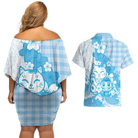 Blue Palaka Hawaiian And Japanese Couples Matching Off Shoulder Short Dress and Hawaiian Shirt Maneki Neko And Sakura Bloom