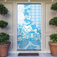 Blue Palaka Hawaiian And Japanese Door Cover Maneki Neko And Sakura Bloom