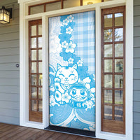 Blue Palaka Hawaiian And Japanese Door Cover Maneki Neko And Sakura Bloom
