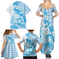 Blue Palaka Hawaiian And Japanese Family Matching Summer Maxi Dress and Hawaiian Shirt Maneki Neko And Sakura Bloom