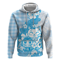 Blue Palaka Hawaiian And Japanese Hoodie Maneki Neko And Sakura Bloom DT05 Pullover Hoodie Blue - Polynesian Pride