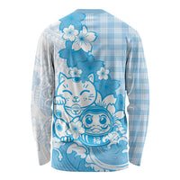 Blue Palaka Hawaiian And Japanese Long Sleeve Shirt Maneki Neko And Sakura Bloom