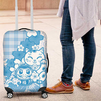 Blue Palaka Hawaiian And Japanese Luggage Cover Maneki Neko And Sakura Bloom