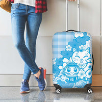 Blue Palaka Hawaiian And Japanese Luggage Cover Maneki Neko And Sakura Bloom