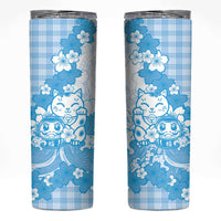 Blue Palaka Hawaiian And Japanese Skinny Tumbler Maneki Neko And Sakura Bloom