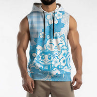 Blue Palaka Hawaiian And Japanese Sleeveless Hoodie Maneki Neko And Sakura Bloom DT05 - Polynesian Pride