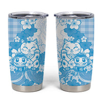 Blue Palaka Hawaiian And Japanese Tumbler Cup Maneki Neko And Sakura Bloom