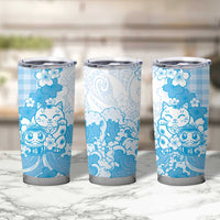 Blue Palaka Hawaiian And Japanese Tumbler Cup Maneki Neko And Sakura Bloom