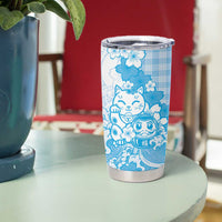 Blue Palaka Hawaiian And Japanese Tumbler Cup Maneki Neko And Sakura Bloom