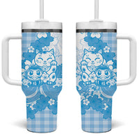 Blue Palaka Hawaiian And Japanese Tumbler With Handle Maneki Neko And Sakura Bloom