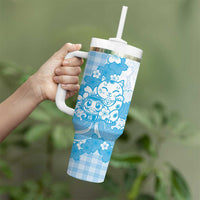 Blue Palaka Hawaiian And Japanese Tumbler With Handle Maneki Neko And Sakura Bloom
