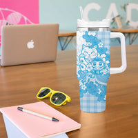 Blue Palaka Hawaiian And Japanese Tumbler With Handle Maneki Neko And Sakura Bloom