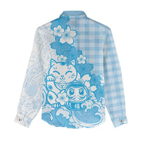Blue Palaka Hawaiian And Japanese Women Casual Shirt Maneki Neko And Sakura Bloom