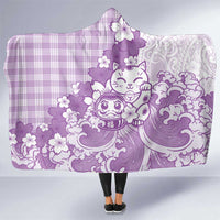 Purple Palaka Hawaiian And Japanese Hooded Blanket Maneki Neko And Sakura Bloom DT05 One Size Purple - Polynesian Pride