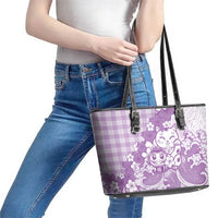 Purple Palaka Hawaiian And Japanese Leather Tote Bag Maneki Neko And Sakura Bloom DT05 - Polynesian Pride