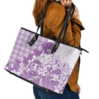 Purple Palaka Hawaiian And Japanese Leather Tote Bag Maneki Neko And Sakura Bloom DT05 - Polynesian Pride