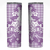 Purple Palaka Hawaiian And Japanese Skinny Tumbler Maneki Neko And Sakura Bloom