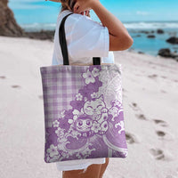 Purple Palaka Hawaiian And Japanese Tote Bag Maneki Neko And Sakura Bloom
