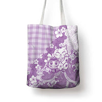 Purple Palaka Hawaiian And Japanese Tote Bag Maneki Neko And Sakura Bloom