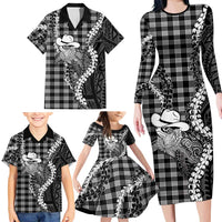 Black Hawaii Palaka Cowboy Turtle Family Matching Long Sleeve Bodycon Dress and Hawaiian Shirt Hawaiian Paniolo Puakenikeni Maile Lei